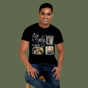 Egyedi fényképes férfi póló Legjobb Apa a világon felirattal, fekete ajándék póló apáknak családi fotókkal