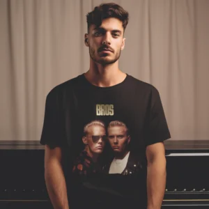 BROS együttes mintás fekete férfi póló retro 80-as évekbeli zenekari grafikával.