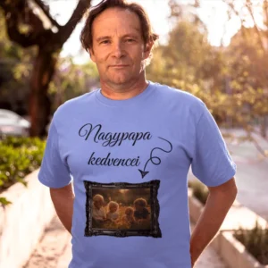 Egyedi fényképes férfi póló Nagypapa kedvencei felirattal, világoskék ajándék póló nagypapáknak családi fotóval