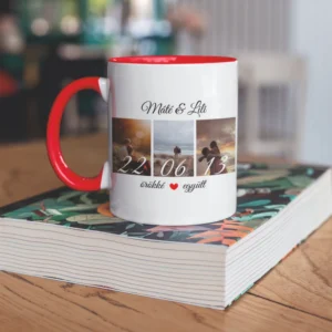 Egyedi fényképes bögre Örökké együtt felirattal, piros belsejű ajándék bögre saját fotóval, névvel és dátummal.