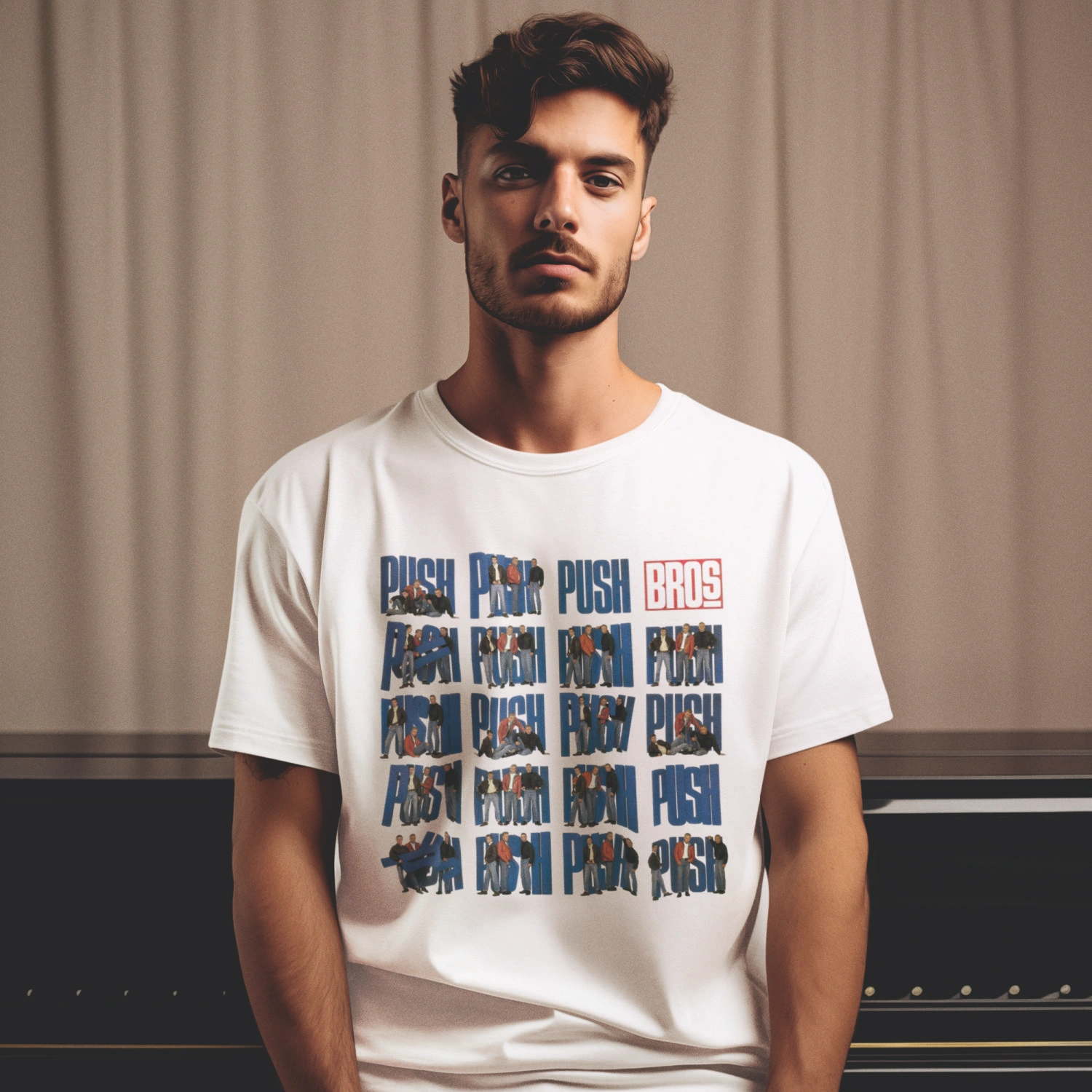 BROS együttes mintás fehér férfi póló retro 80-as évekbeli zenekari grafikával