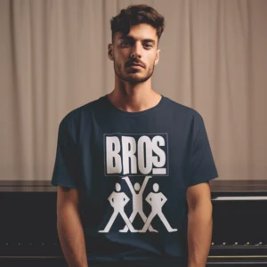 sötétkék BROS logós férfi póló fehér retro grafikával és minimalista 80-as évekbeli zenei dizájnnal