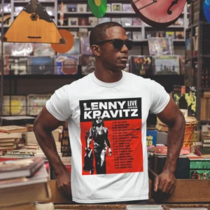 Fehér Lenny Kravitz Tour 2026 mintás férfi póló piros-fehér koncertgrafikával.