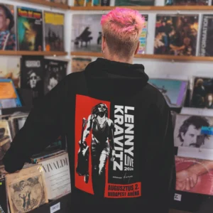 Fekete Lenny Kravitz Live 2026 mintás pulóver piros-fehér koncertgrafikával.