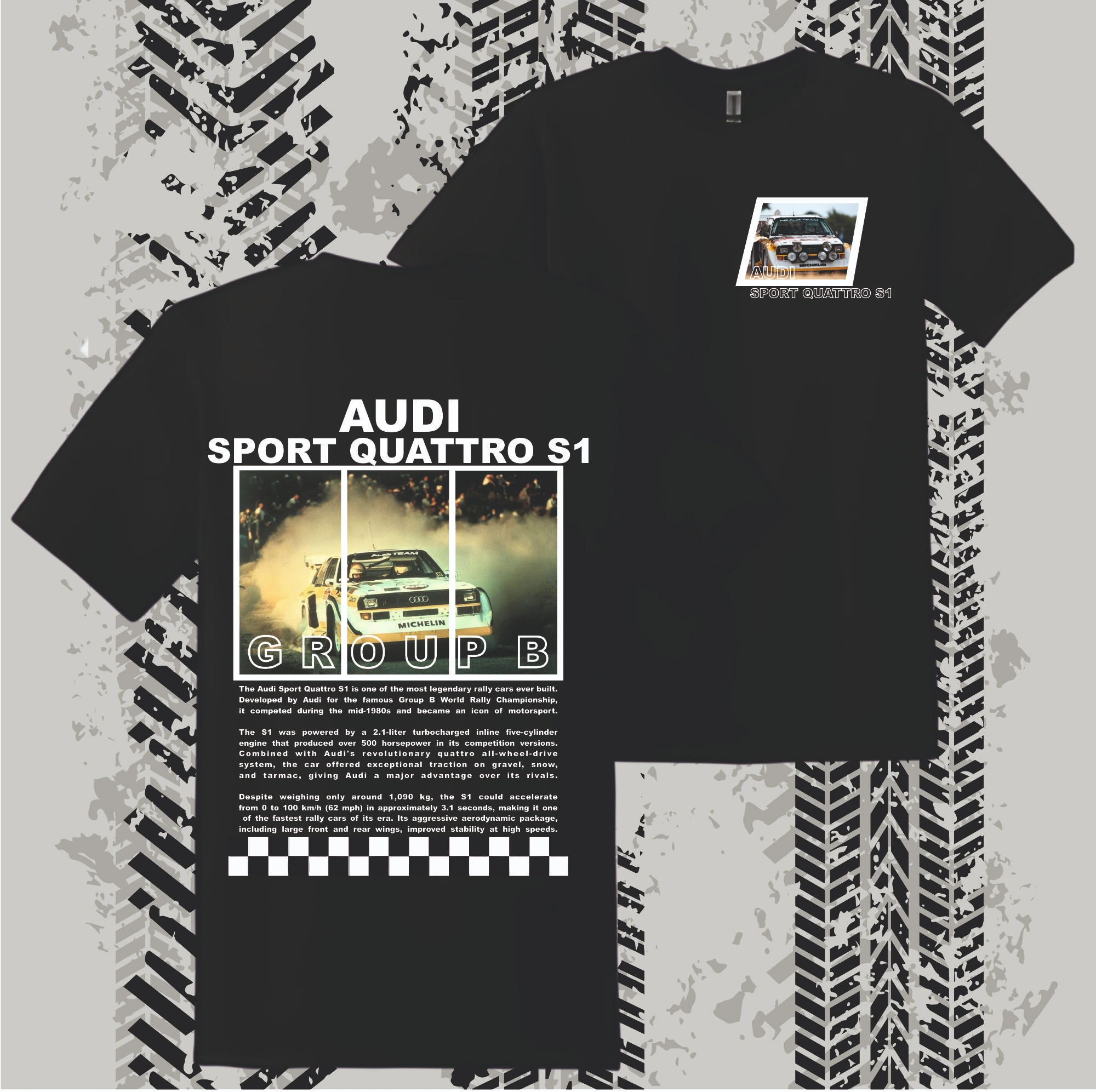Fekete Audi Sport Quattro S1 Group B rallyautós férfi póló.
