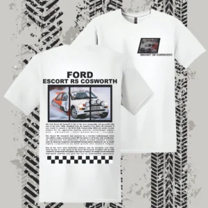 Fehér Ford Escort RS Cosworth Rally mintás férfi póló ikonikus sportautó grafikával