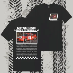 Fekete Mitsubishi Lancer Evolution VI mintás férfi póló klasszikus rallyautó grafikával