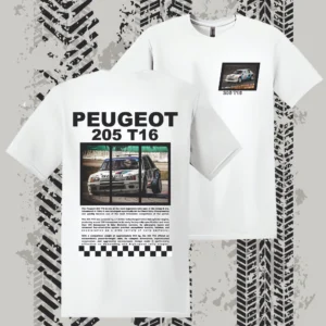 Fehér Peugeot 205 T16 Rally mintás férfi póló klasszikus versenyautó grafikával