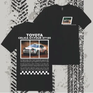 Fekete Toyota Celica GT-Four ST185 Rally mintás férfi póló klasszikus japán rallyautó grafikával